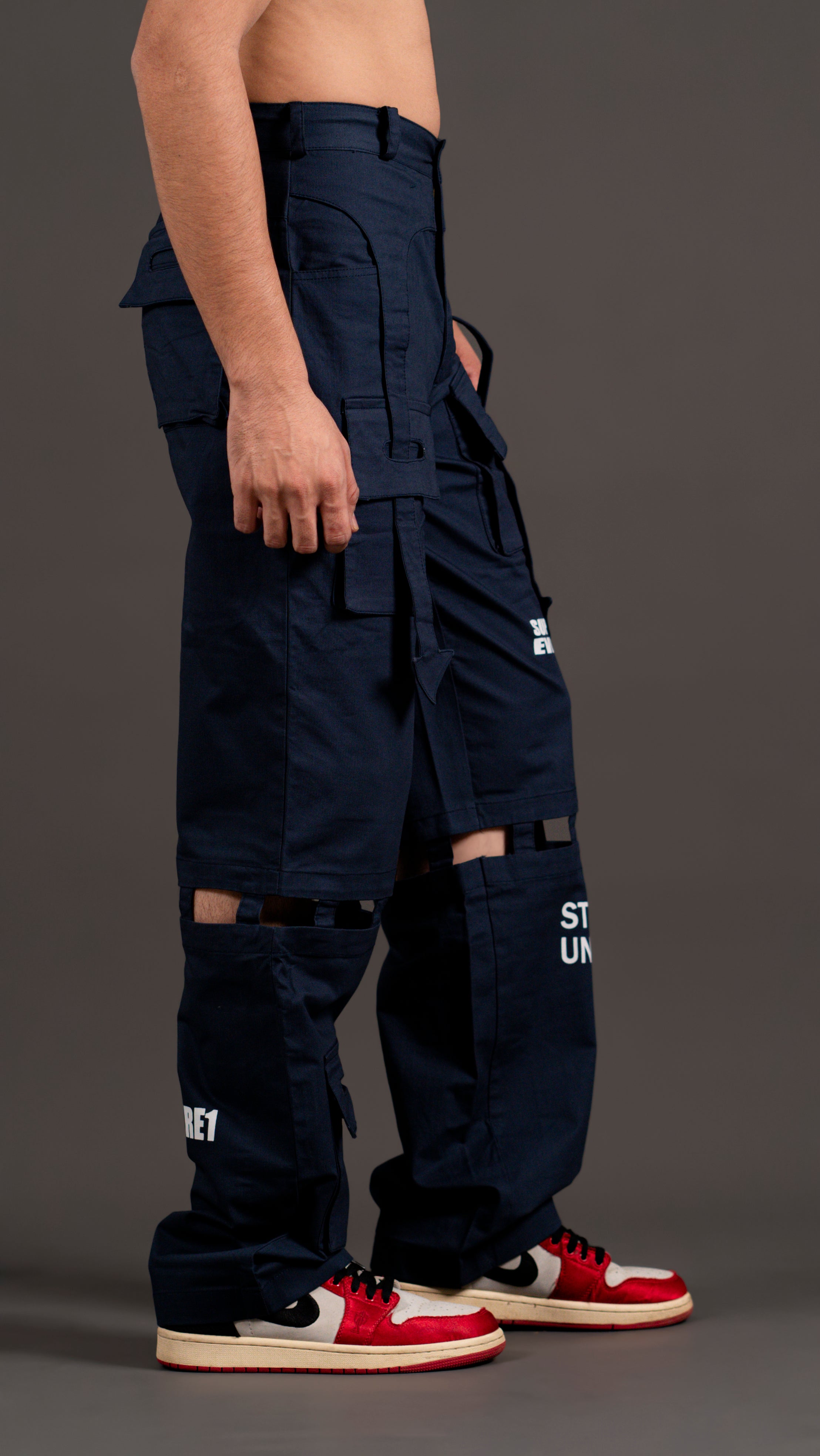 KNEE CUT ARROW BANDCARGO PANT/ NAVY BLUE