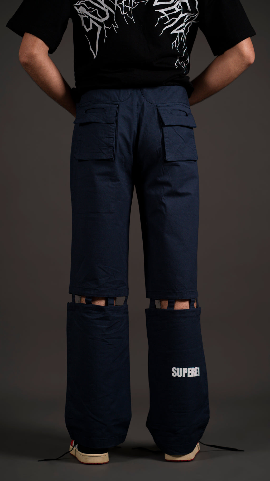 KNEE CUT ARROW BANDCARGO PANT/ NAVY BLUE