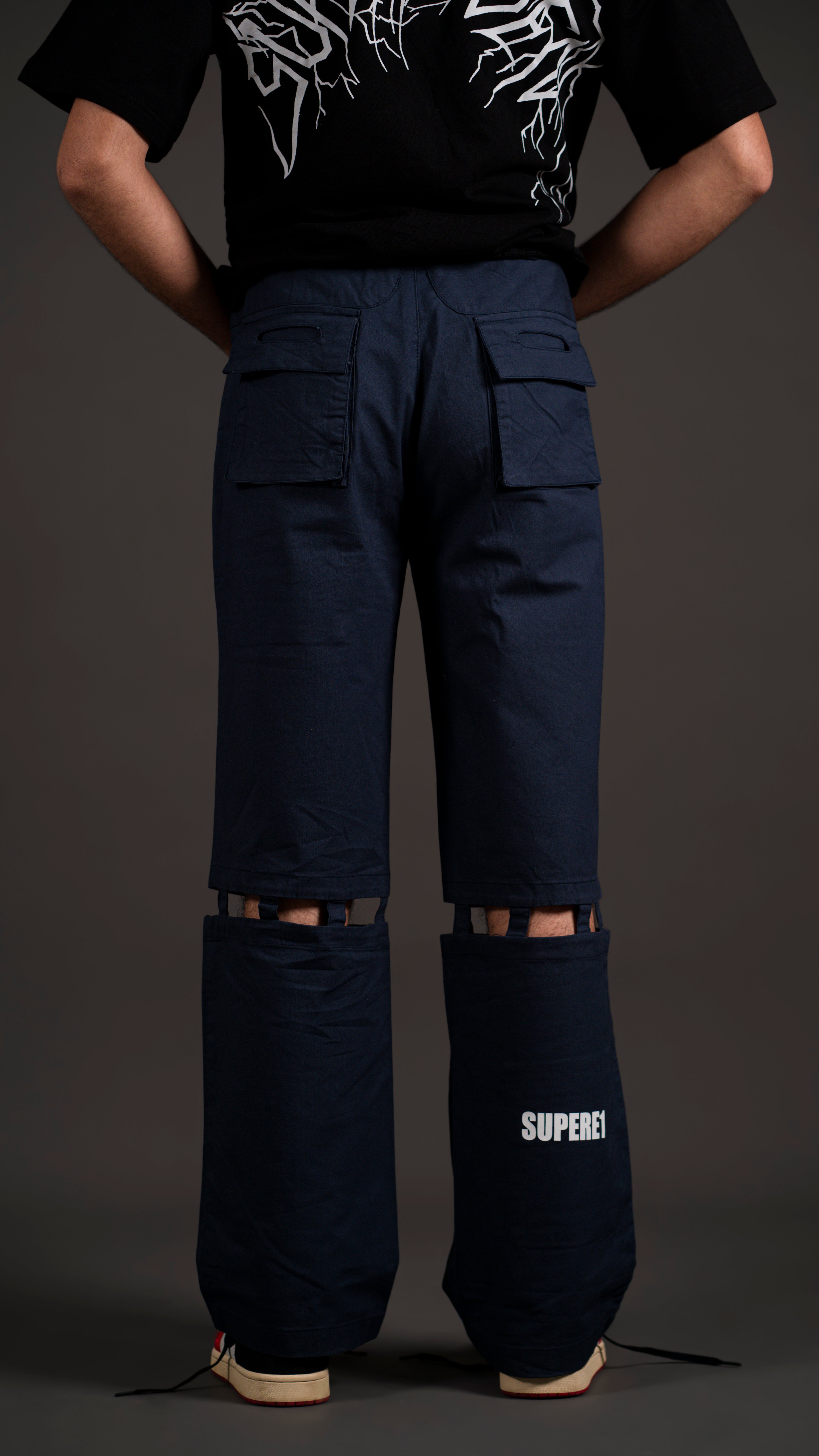KNEE CUT ARROW BANDCARGO PANT/ NAVY BLUE