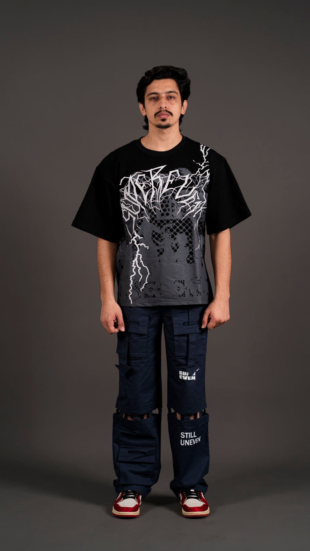 KNEE CUT ARROW BANDCARGO PANT/ NAVY BLUE