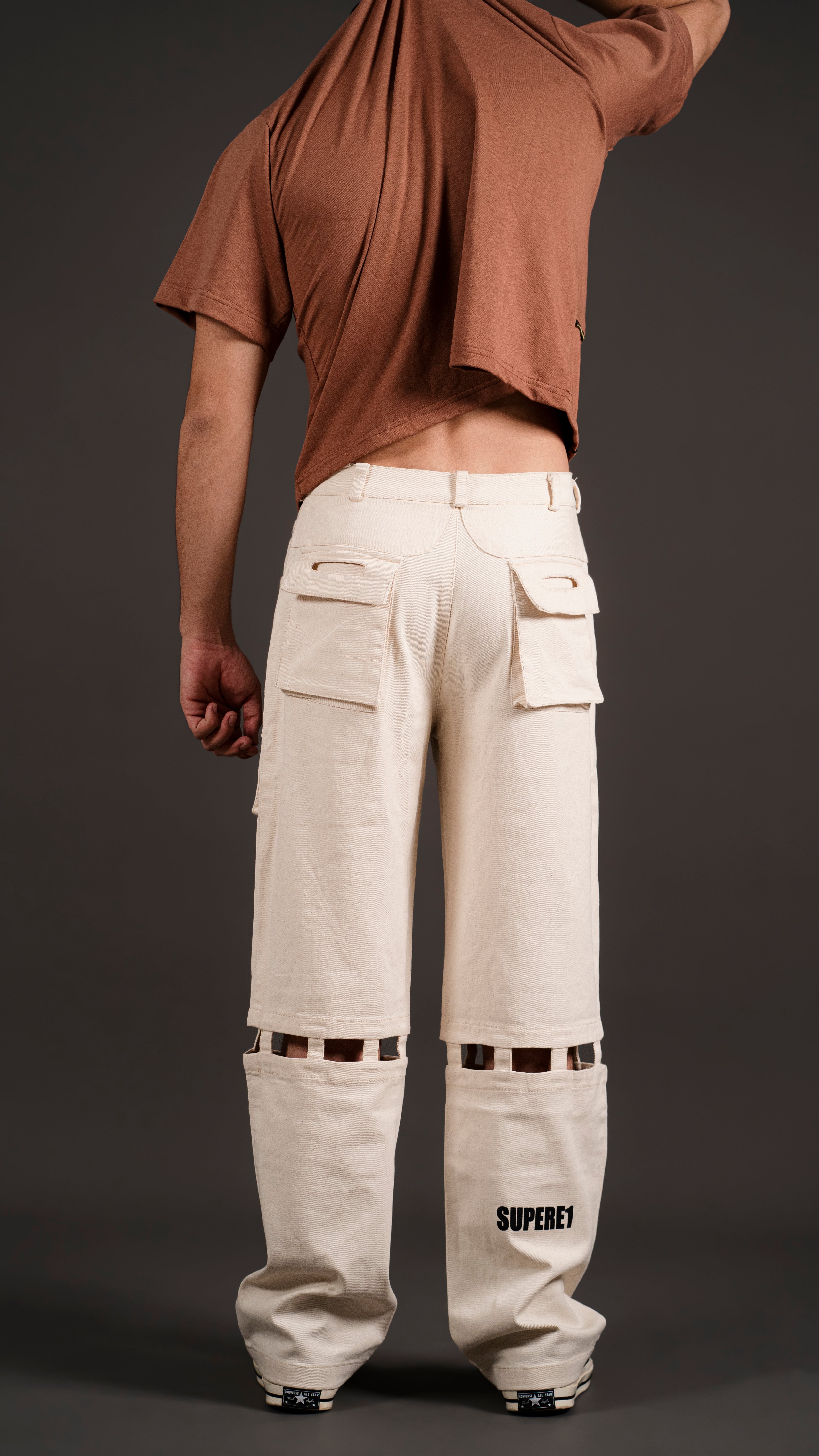 KNEE CUT ARROW BAND CARGO PANT/ BEIGE