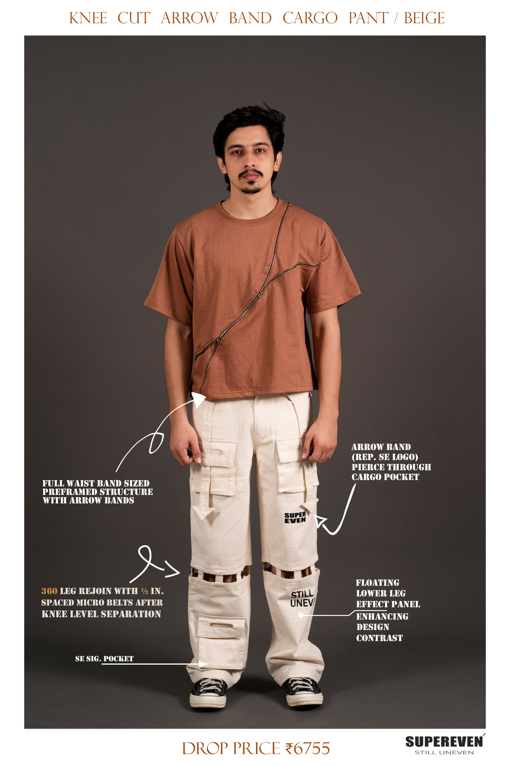 KNEE CUT ARROW BAND CARGO PANT/ BEIGE