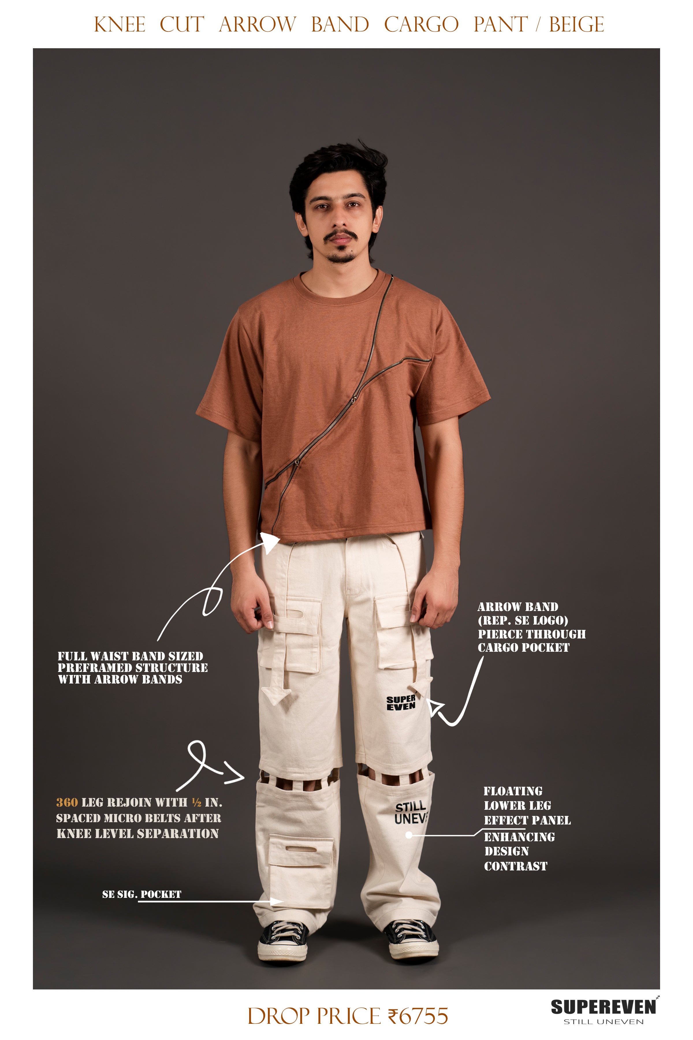 KNEE CUT ARROW BAND CARGO PANT/ BEIGE